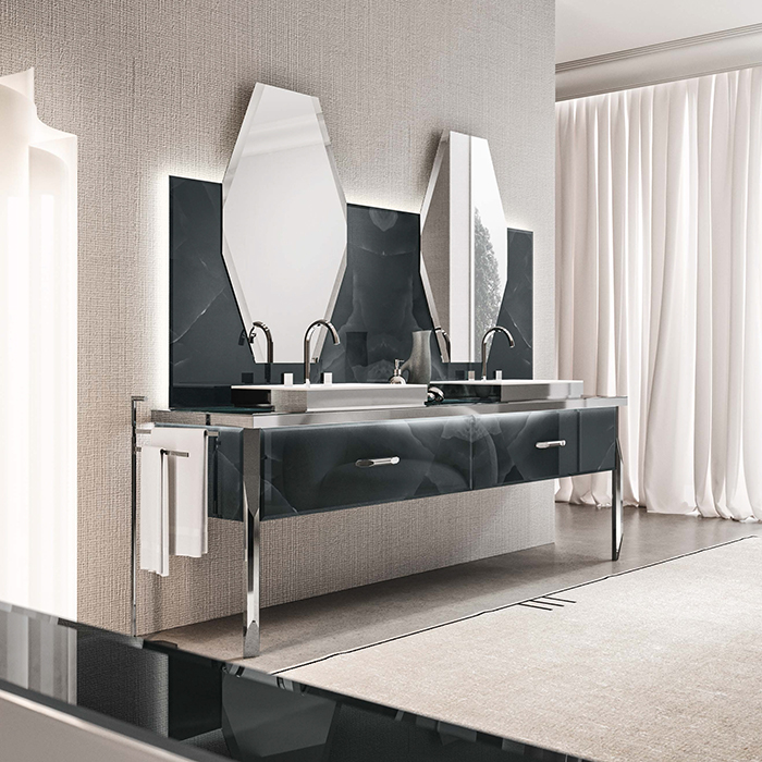VITAGE milldue edition HILTON 06 Комплект мебели напольный, 2 раковины, 2 зеркала, с подсветкой, цвет: onice smoke/полированная сталь