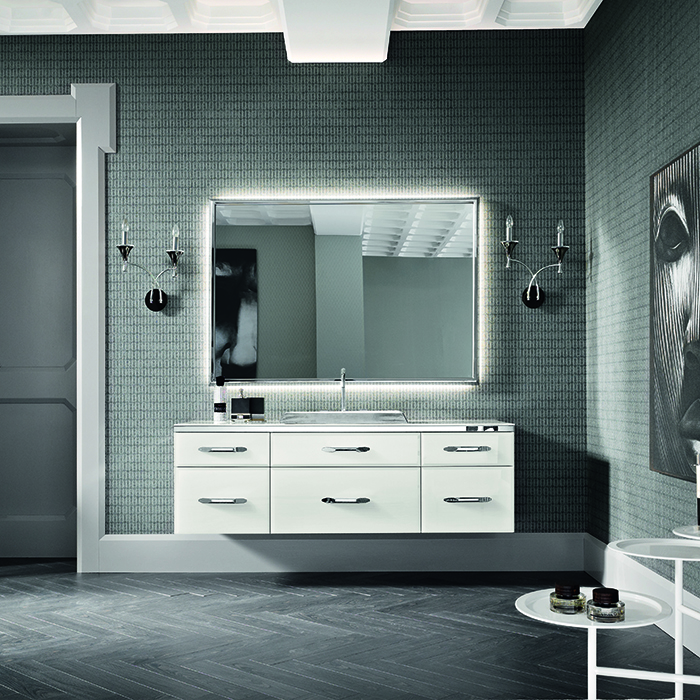 VITAGE milldue edition HILTON Комплект мебели с базой, раковиной DIAMOND, зеркалом DIAMOND, ручки хром, подвесной, Цвет: bianco-41, платина, сталь