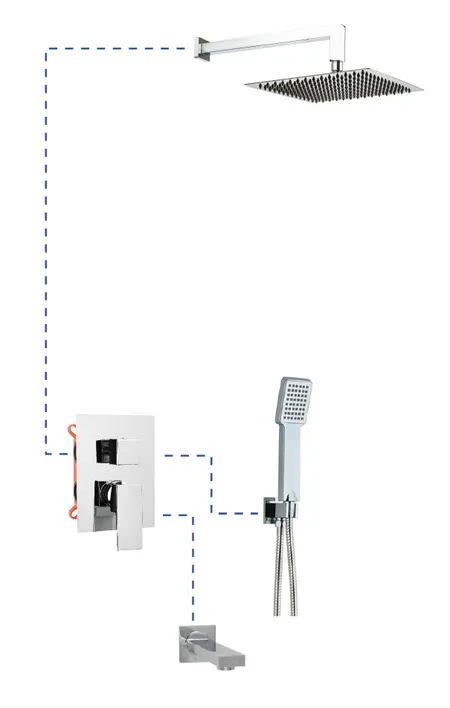 AQG Bold, душевой комплект EC316 на 3 потребителя, с квадратным изливом, с квадратным верхним душем 25х25 см и кронштейном 35 см, цвет хром