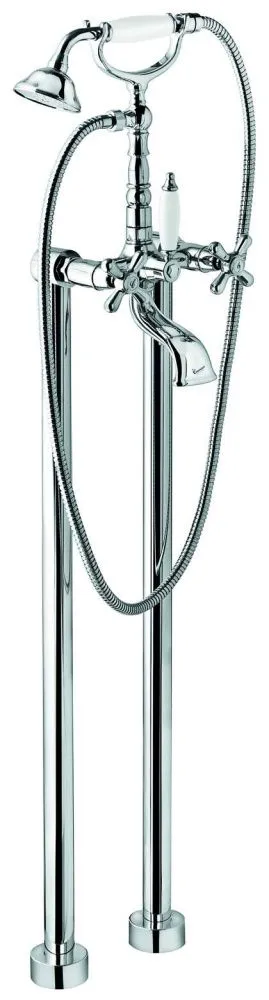 Emmevi Deco Old, двухвентильный напольный смеситель для ванны (излив ), с набором для душа (лейка и дивертер с белой ручкой), цвет хром