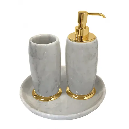 3SC Elegance Коплект: стакан, дозатор, лоток, мрамор bianco carrara/, цвет: золото 24к. Lucido