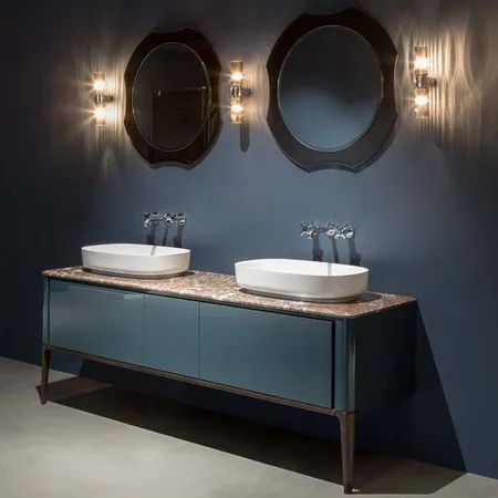 Antonio Lupi ILBagno Комплект мебели: тумба напольная с 2 раковинами цвет: Blu navy lucido, мраморная столешница, 2 зеркала и 2 смесителя
