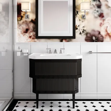 Devon&Devon Metropolitan ceramic Тумба из лакир дерева DEEP BLACK с раковиной из белой керамики на 3 отв, планки крашенное дерево DEEP BLACK