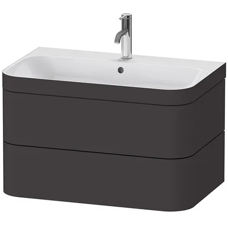Duravit Happy D.2 Plus Тумба подвесная c-bonded с умывальником, с 1 отв под смес, 2 ящика, выпуск и сифон в комплекте, цвет: Графит суперматовый, умывальник, цвет: белый глянцевый