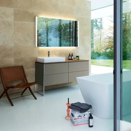 Duravit XSquare База на ножках на 1 раковину слева, с 4 выдв ящик, цвет: фланелево серый матовый с консолью напольная, цвет орех и накладной раковиной