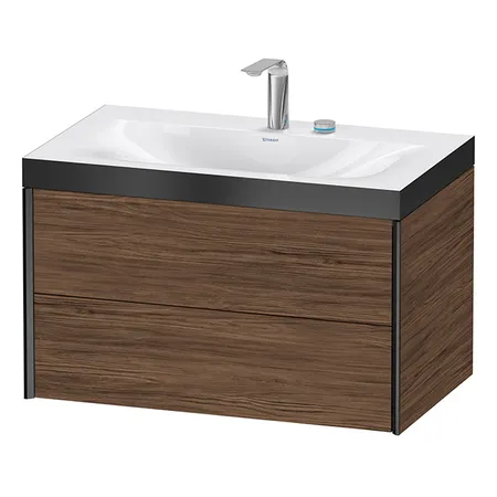 Duravit XViu Тумба подвесная, 2 ящика, с раковиной без перелива, с 2 отв под смес, цвет: walnut dark/чёрный матовый