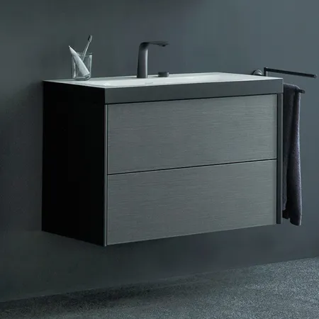 Duravit XViu Тумба подвесная, 2 ящика, с раковиной без перелива, с 2 отв под смес, цвет: dark brushed oak/чёрный матовый