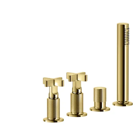 Gessi Inciso Смеситель для ванны, на 4 отв, с переключатель потоков, шланг, и ручным душем, цвет: золото