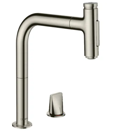 Hansgrohe Metris M71 Смеситель для кухни, на 2 отв, поворотный излив: с вытяжным душем, 2jet, h:, sBox, цвет: нержавейка