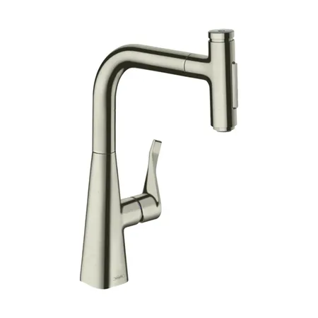 Hansgrohe Metris M71 Смеситель для кухни, на 1 отв, поворотный излив: с вытяжным душем, 2jet, sBox кнопка вкл/выкл, цвет: нержавейка