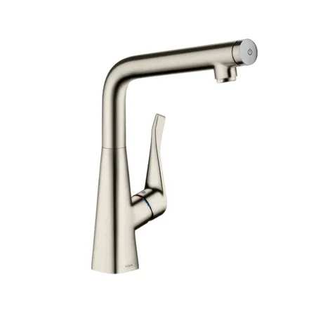 Hansgrohe Metris Select Смеситель для кухни на 1 отв, поворотный излив, кнопка вкл/выкл воды, цвет: сталь