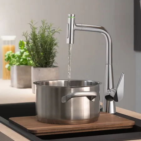 Hansgrohe Talis Select M51 Смеситель для кухни, на 1 отв, поворотный излив: с вытяжным душем, 2jet, h:, sBox, кнопка вкл/выкл, цвет: хром