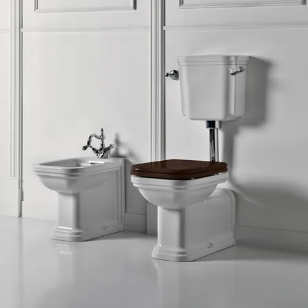 Kerasan Waldorf Унитаз напольный удлиненный c низким бачком, трубой, ручкой смыва справа, цвет:белый/хром