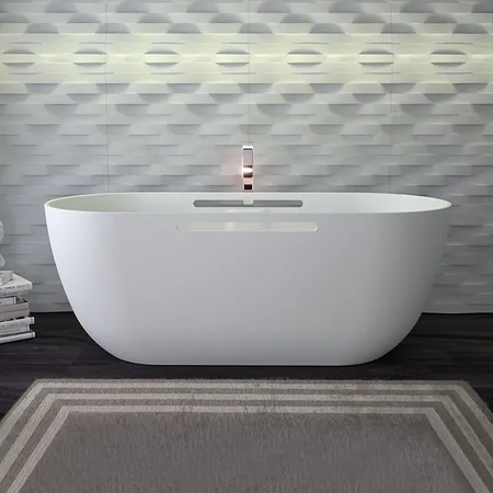 KNIEF Lotus Ванна отдельностоящая из материала Stone, с переливом и выпуском Click-Clack хром, с ручками, цвет:белый матовый