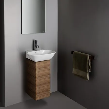 Laufen INO Тумба с раковиной, с 1 дверцей, с сифоном, с 4 полками, SX, подвесная, покрытие LCC, цвет: темный орех