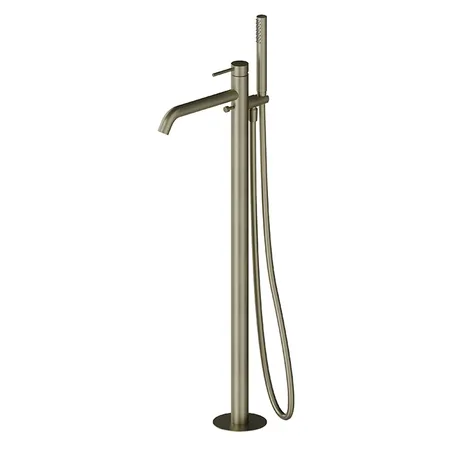 Newform X-STEEL 316 Смеситель для ванны напольный, излив, в компл: руч. душ, шланг, без встр. части, цвет: PVD Brushed pale gold
