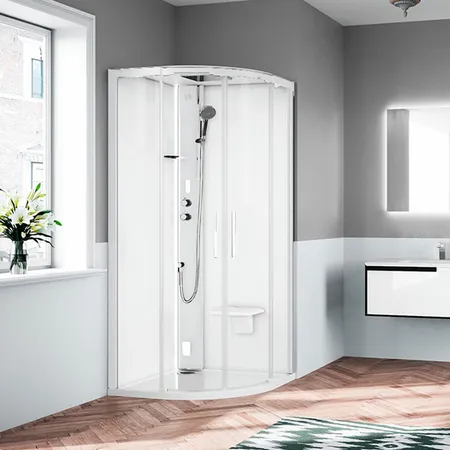 Novellini Glax Душевая кабина, Standart с крышей, смеситель термостатический, Hammam и сиденье, цвет: белый матовый/стекла прозрачные