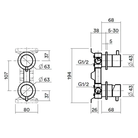 QuadroDesign Встраиваемая часть смесителя на 2 потока, цвет: Black gold PVD