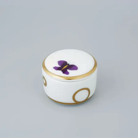 THG CAPUCINE MAUVE DECOR OR Коробка для таблеток керамическая, круглая, настольная, декор золото/лиловый, цвет: белый