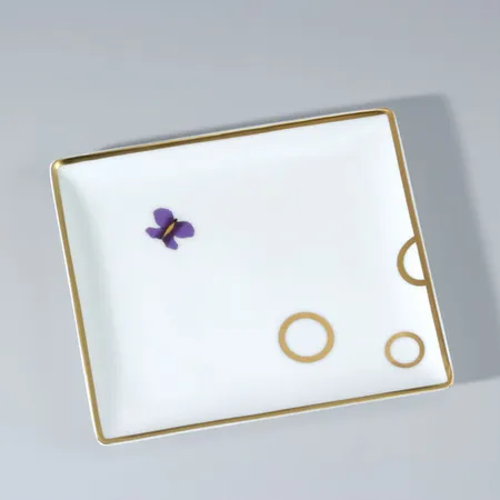 THG CAPUCINE MAUVE DECOR OR Поднос керамический, настольный, small size, декор золото/лиловый, цвет: белый