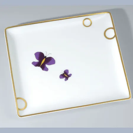 THG CAPUCINE MAUVE DECOR OR Поднос керамический, настольный, middle size, декор золото/лиловый, цвет: белый