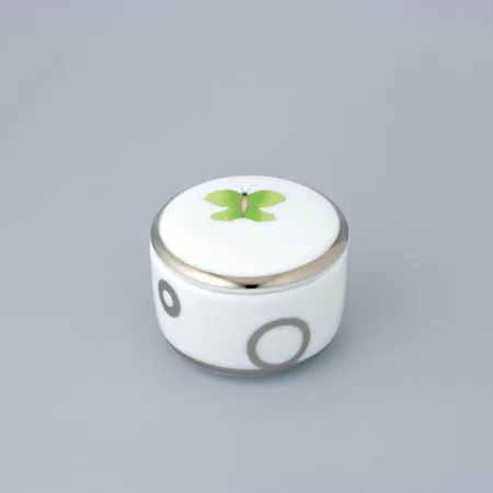 THG CAPUCINE VERT DECOR PLATINE Коробка для таблеток керамическая, круглая, настольная, декор платина/зеленый, цвет: белый