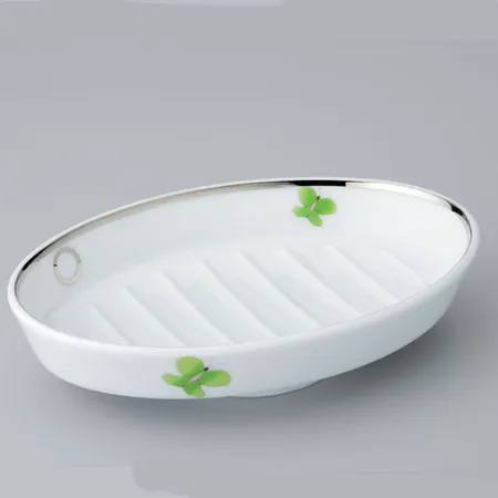 THG CAPUCINE VERT DECOR PLATINE Мыльница керамическая, настольная, декор платина/зеленый, цвет: белый