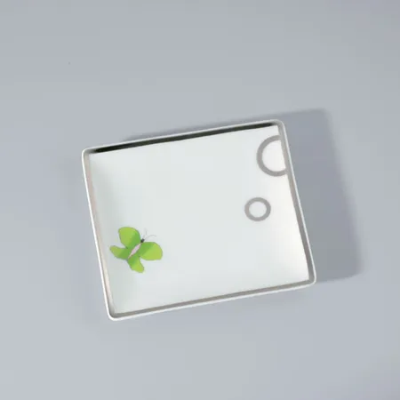 THG CAPUCINE VERT DECOR PLATINE Поднос керамический, настольный, small size, декор платина/зеленый, цвет: белый