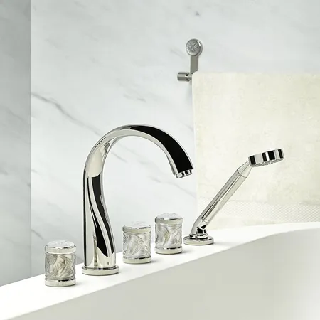 THG Hirondelles Platinum Stamped Смеситель на борт ванны, 5 отв, с ручным душем, цвет: Polished nickel