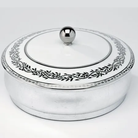 THG MARQUISE BLANC DECOR PLATINE Китайская лакированная коробка с белой керамической крышкой, big size, декор платина, цвет: серебро
