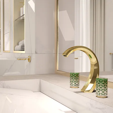 THG Nihal Porcelaine Verte Смеситель для раковины на 3 отверстия, с донным клапаном, цвет: Soft gold