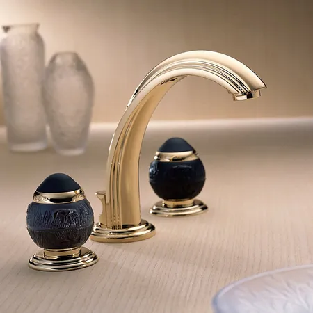 THG Panthere Cristal Noir Смеситель для раковины на 3 отверстия, с донным клапаном, цвет: Soft gold