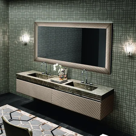 VITAGE milldue edition FOUR SEASONS Комплект мебели с базой, интегрированными раковинами PLANS, зеркалом LOSANNA, подвесной, цвет: мрамор bronzo amani-B58 экокожа visione-223 черный хром