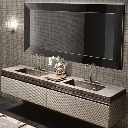 VITAGE milldue edition FOUR SEASONS Комплект мебели с базой, интегрированными раковинами PLANS, зеркалом YORK, подвесной, Цвет: мрамор bronzo amani-B58/ экокожа visione-223/ черный хром