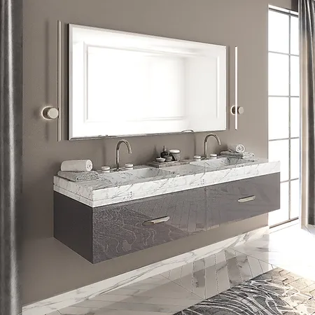 VITAGE milldue edition HILTON Тумба подвесная, мраморная столешница с 2 раковинами, отделка: стекло twill smoke